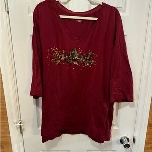Women's Burgundy Top with Leaf Embroidery